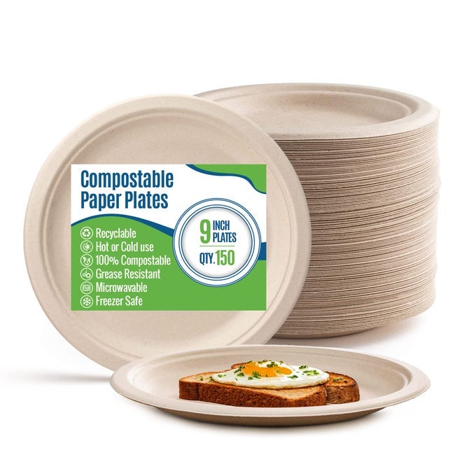 PAPER PLATES 9 INCH 150 COUNT BROWN HEAVYDUTY MICROWAVABLE HOT COLD STURDY GREASE RESISTANT ECOFRIENDLY FOOD GRADE SUGAR CANE FIBER