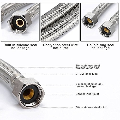 Vataler Faucet Line Connector Braided 304 Stainless Steel Supply Hose 1/2" I.P. Female Thread to 1/2" I.P. Female Straight Thread Faucet Hose Replacement (One Pair) - Image 2