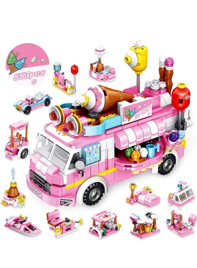 Girls Building Blocks Toys, 553 PCS Ice Cream Trucks Toys for 6 Year Old Kids, 25 Models Food Cars Construction Building Block Kits, Educational Toys Gifts for Age 6 12 + Year Old Kids - Image 1
