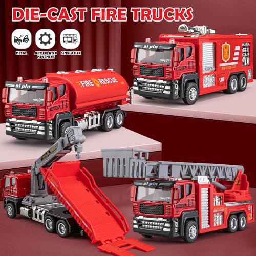 TAKGUD 4 Packs Metal Fire Trucks Playsets Mini Friction Powered Vehicle Including Fire Engine Ladder Truck Diecast Tank Tow Realistic Design for Toddlers Boys Kids Aged 3 Years Old - Image 5