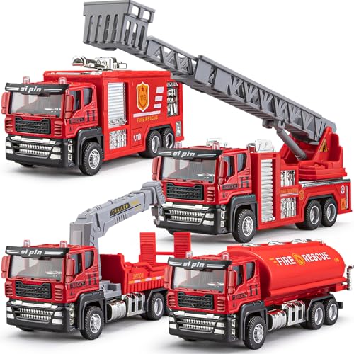 TAKGUD 4 Packs Metal Fire Trucks Playsets Mini Friction Powered Vehicle Including Fire Engine Ladder Truck Diecast Tank Tow Realistic Design for Toddlers Boys Kids Aged 3 Years Old - Image 1