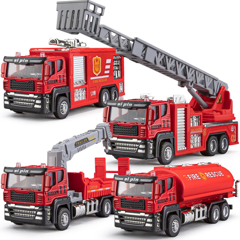 TAKGUD 4 Packs Metal Fire Trucks Playsets Mini Friction Powered Vehicle Including Fire Engine Ladder Truck Diecast Tank Tow Realistic Design for Toddlers Boys Kids Aged 3 Years Old - Image 2