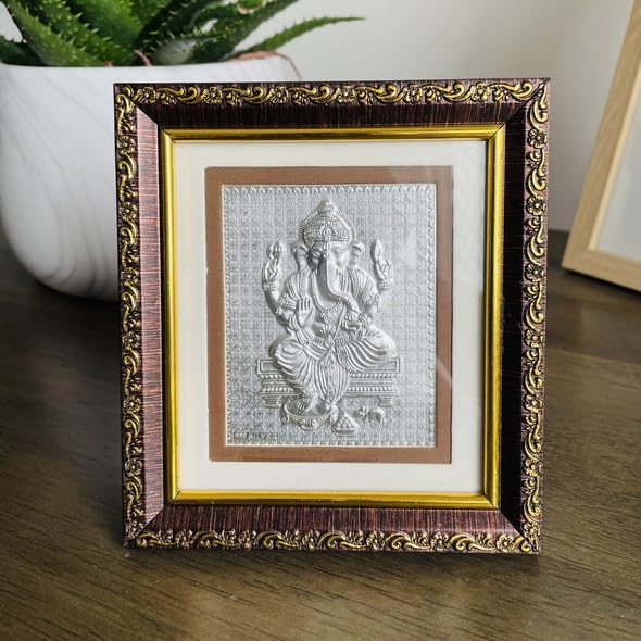 GoldGiftIdeas Silver Lambodar Ganesha Frame for Gift, Ganpati Wooden Photo Frame for Pooja, Return Gifts for Housewarming, Lord Ganesh Idol for Home (14 x 12 CM) - Image 5