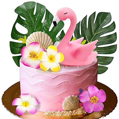 Mity rain 7pcs Flamingo Cake Toppers Flamingo Palm Leaves Hibiscus Flowers Hawaiian Luau Cake Decorations for Tropical Theme Birthday Party Supplies - Image 1