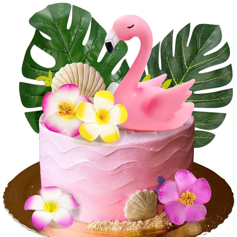Mity rain 7pcs Flamingo Cake Toppers Flamingo Palm Leaves Hibiscus Flowers Hawaiian Luau Cake Decorations for Tropical Theme Birthday Party Supplies - Image 2