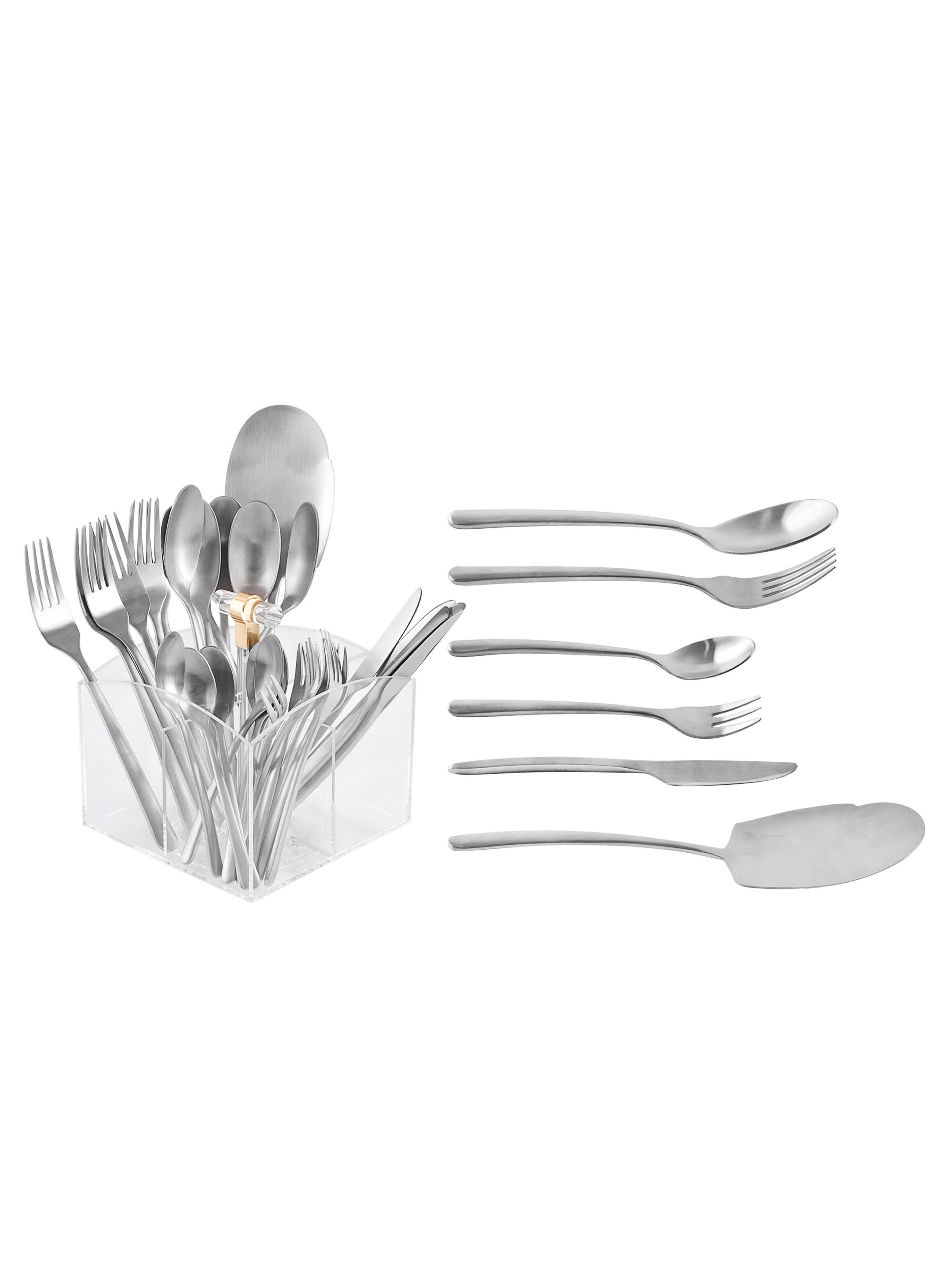 Life Smile LIFE SMILE Cutlery Set, 18/10 Pure Stainless Steel Flatware Set with Stand, Rust Proof & Fade Proof Dinnerware Set (MATTE SILVER, 63 Pieces) 