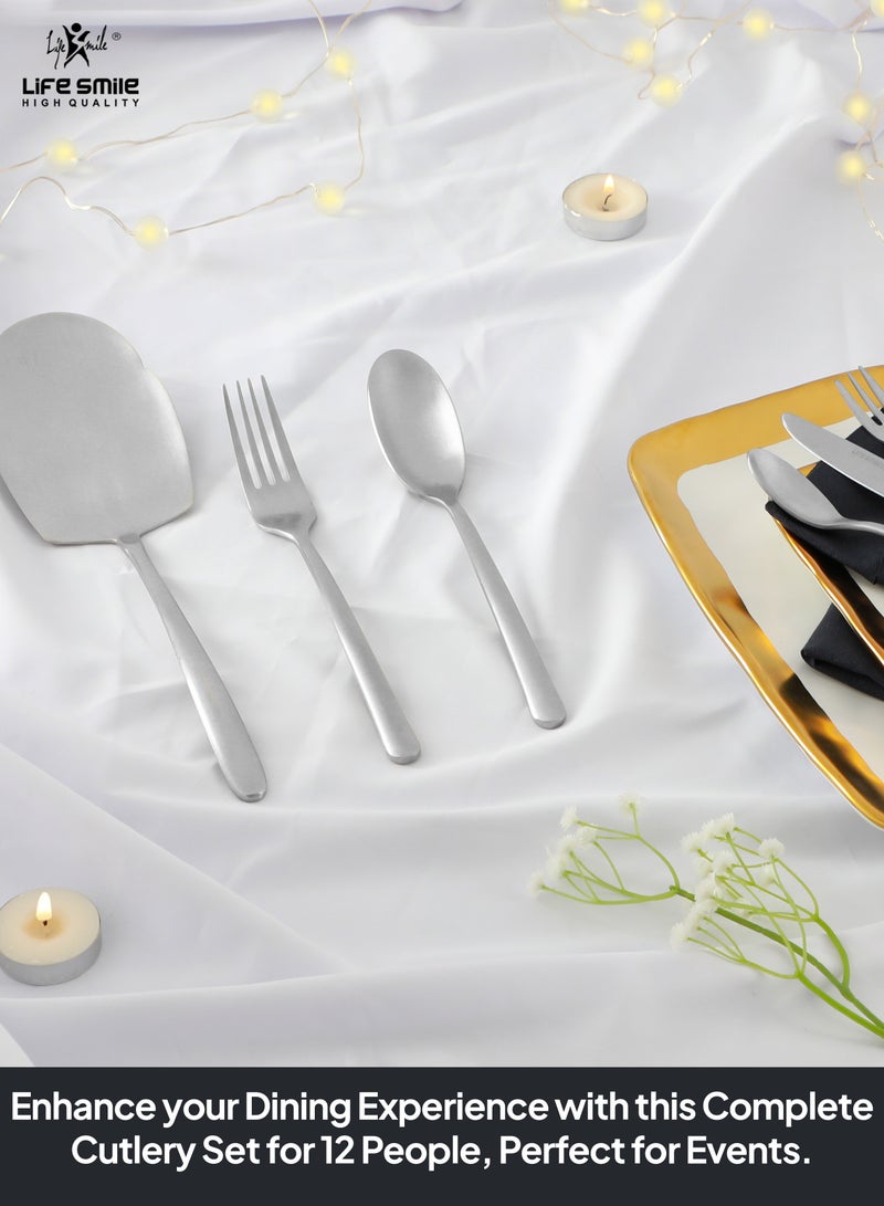 LIFE SMILE 63-Piece 18/10 Stainless Steel Spoon Cutlery Set Includes Knife and Forks With Cutlery Holder Tea And Ice Spoons Dinner And Cake Fork, Fruit Knife, Soup Ladle, Rice Server (MATTE SILVER, 63 Pieces) - Image 2