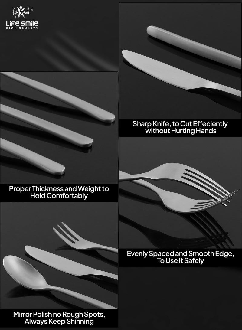 LIFE SMILE 63-Piece 18/10 Stainless Steel Spoon Cutlery Set Includes Knife and Forks With Cutlery Holder Tea And Ice Spoons Dinner And Cake Fork, Fruit Knife, Soup Ladle, Rice Server (MATTE SILVER, 63 Pieces) - Image 5