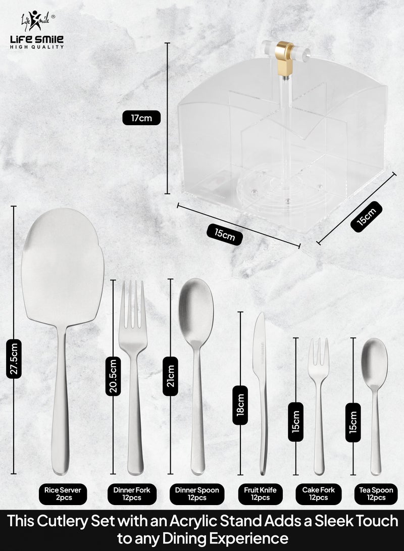 LIFE SMILE 63-Piece 18/10 Stainless Steel Spoon Cutlery Set Includes Knife and Forks With Cutlery Holder Tea And Ice Spoons Dinner And Cake Fork, Fruit Knife, Soup Ladle, Rice Server (MATTE SILVER, 63 Pieces) - Image 4