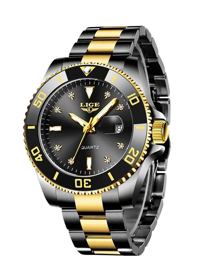 LIGE ​​LIGE Men's Business Fashion Watch - Large Black Dial Design, Two-Tone Stainless Steel Strap, Luminous Display, Date Function, 30M Water Resistance, Modern Business Style for Workplace & Formal Occasions​​ - Image 1
