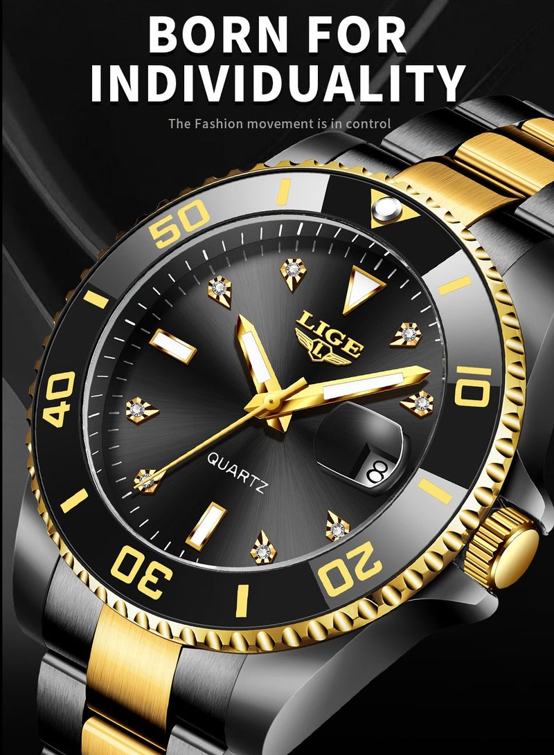 LIGE ​​LIGE Men's Business Fashion Watch - Large Black Dial Design, Two-Tone Stainless Steel Strap, Luminous Display, Date Function, 30M Water Resistance, Modern Business Style for Workplace & Formal Occasions​​ - Image 2