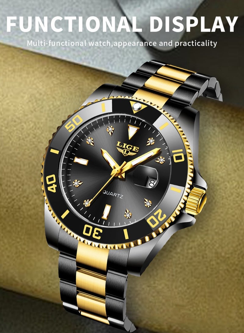 LIGE ​​LIGE Men's Business Fashion Watch - Large Black Dial Design, Two-Tone Stainless Steel Strap, Luminous Display, Date Function, 30M Water Resistance, Modern Business Style for Workplace & Formal Occasions​​ - Image 3