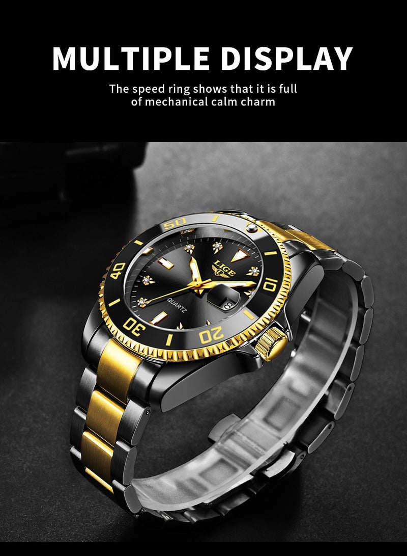 LIGE ​​LIGE Men's Business Fashion Watch - Large Black Dial Design, Two-Tone Stainless Steel Strap, Luminous Display, Date Function, 30M Water Resistance, Modern Business Style for Workplace & Formal Occasions​​ - Image 4
