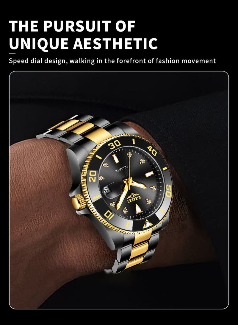 LIGE ​​LIGE Men's Business Fashion Watch - Large Black Dial Design, Two-Tone Stainless Steel Strap, Luminous Display, Date Function, 30M Water Resistance, Modern Business Style for Workplace & Formal Occasions​​ - Image 5