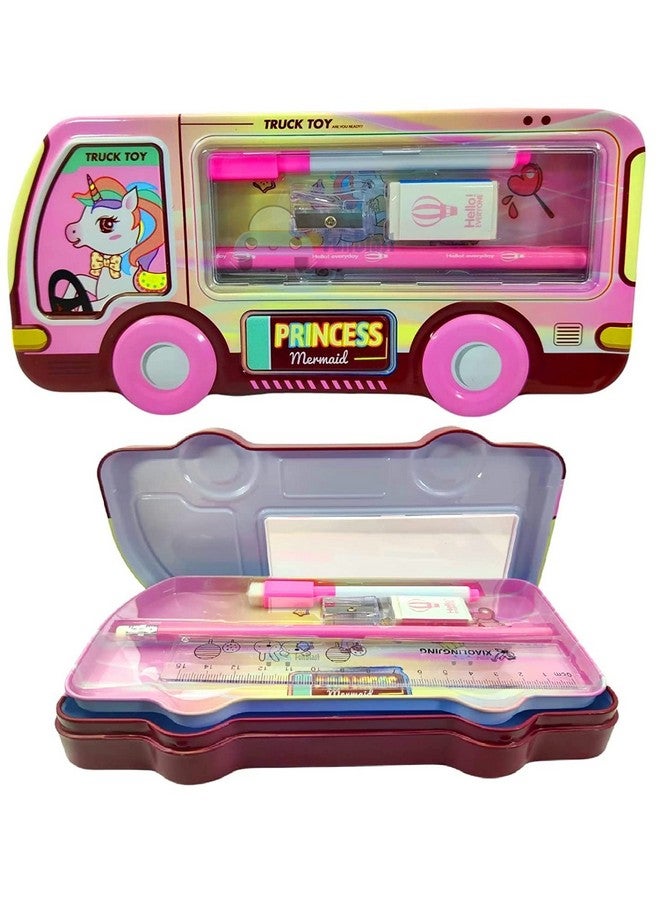 فنبلاست صندوق أقلام فن بلاست للأطفال، حافظة أقلام معدنية مع قلم رصاص وممحاة ومبراة، مجموعة أدوات مكتبية - منظم أدوات مكتبية مزدوج الطبقات للأطفال - هدية عيد ميلاد للأطفال (وردي) - Image 3