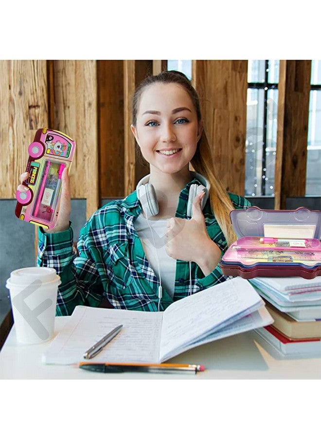 فنبلاست صندوق أقلام فن بلاست للأطفال، حافظة أقلام معدنية مع قلم رصاص وممحاة ومبراة، مجموعة أدوات مكتبية - منظم أدوات مكتبية مزدوج الطبقات للأطفال - هدية عيد ميلاد للأطفال (وردي) - Image 4