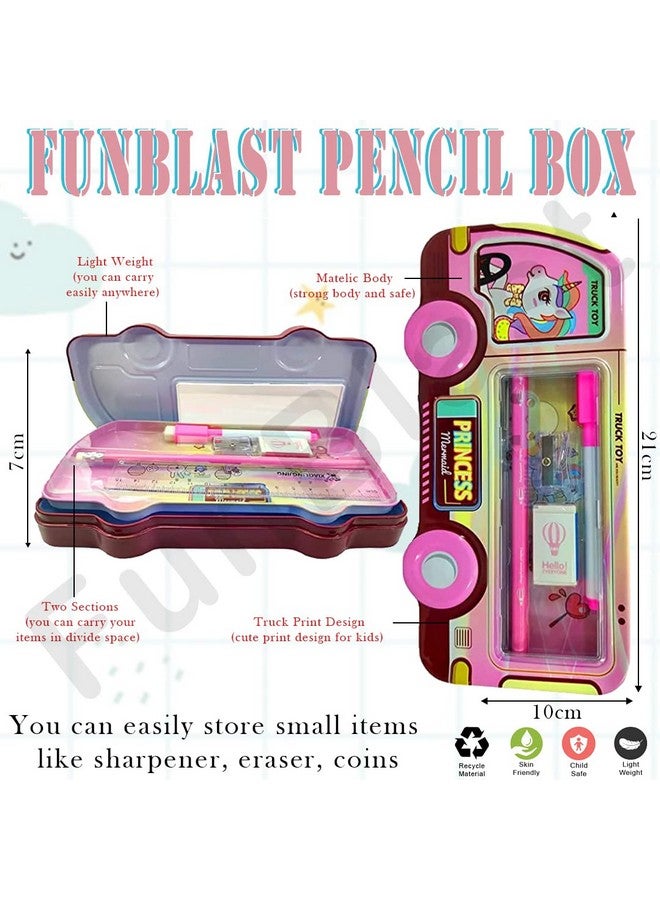 فنبلاست صندوق أقلام فن بلاست للأطفال، حافظة أقلام معدنية مع قلم رصاص وممحاة ومبراة، مجموعة أدوات مكتبية - منظم أدوات مكتبية مزدوج الطبقات للأطفال - هدية عيد ميلاد للأطفال (وردي) - Image 2