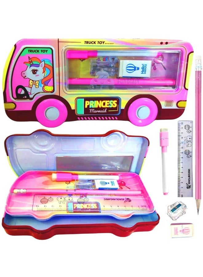 فنبلاست صندوق أقلام فن بلاست للأطفال، حافظة أقلام معدنية مع قلم رصاص وممحاة ومبراة، مجموعة أدوات مكتبية - منظم أدوات مكتبية مزدوج الطبقات للأطفال - هدية عيد ميلاد للأطفال (وردي) - Image 1