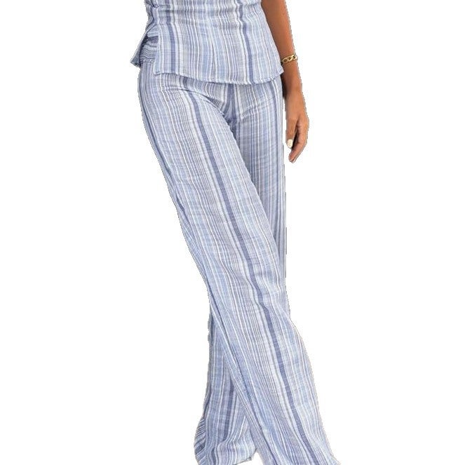Women's Blue Striped Wide Leg Jeans - Image 5
