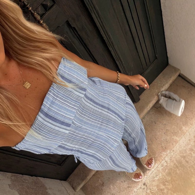 Women's Blue Striped Wide Leg Jeans - Image 1