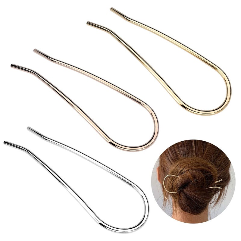 Metal Hair Fork 46 inch Simple U Shape Updo Hair Sticks Alloy Goldplated 2 Prong Bun Hair Pins Clips Grips for Women Thick Hair Styling Tool Accessories 3 Pack