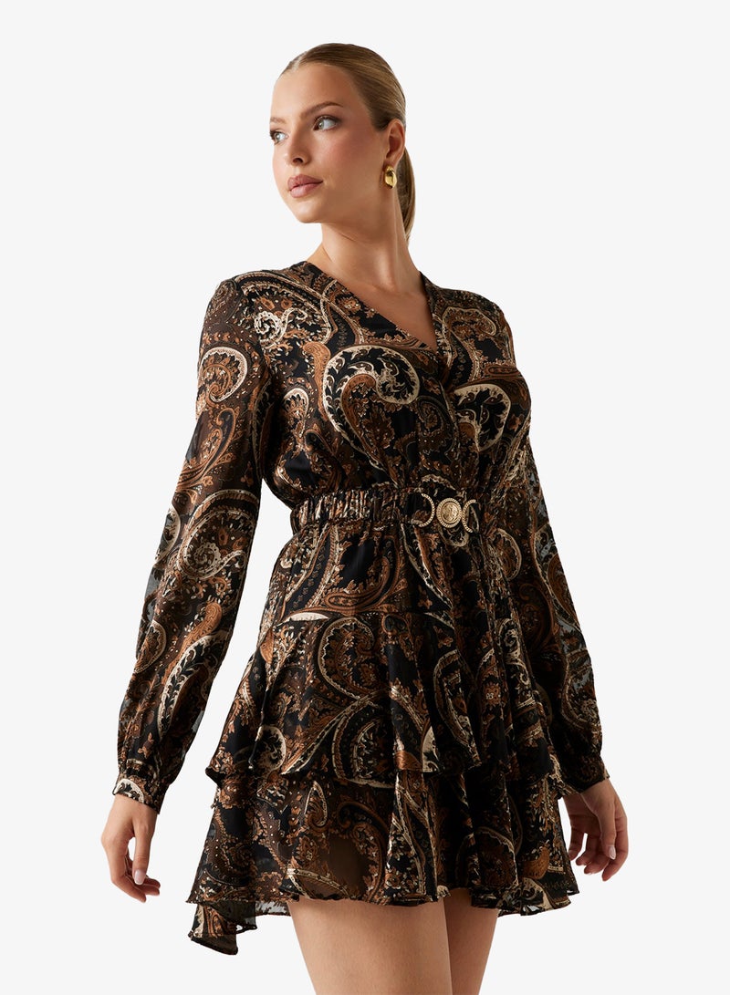 GUESS Clarisse Plunge Neck Flare Mini Dress - Image 1