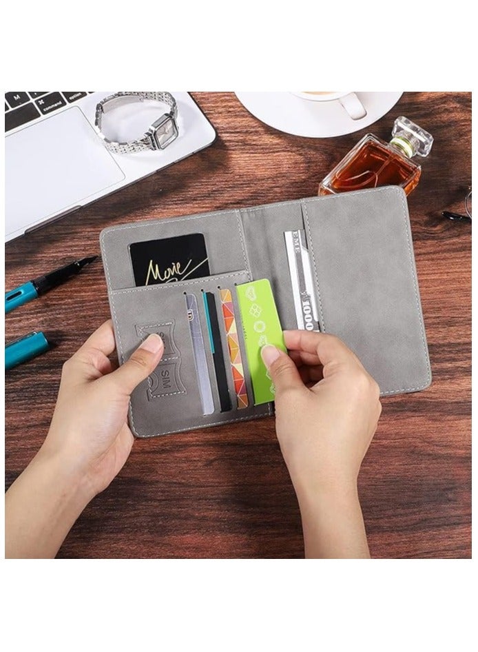 حافظة جواز سفر مع غطاء محفظة، حافظة جواز سفر مع حجب RFID، حامل وثائق سفر من جلد البولي يوريثان للرجال والنساء، إكسسوارات السفر (رمادي) - Image 2