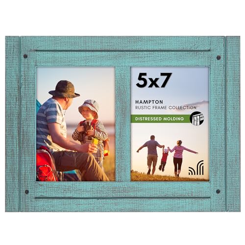 Americanflat Hinged 5x7 Double Picture Frame with 2 Photo Openings and Polished Glass Distressed Wood Collage Picture Frames for Tabletop and Wall Display Hampton Collection Turquoise Blue