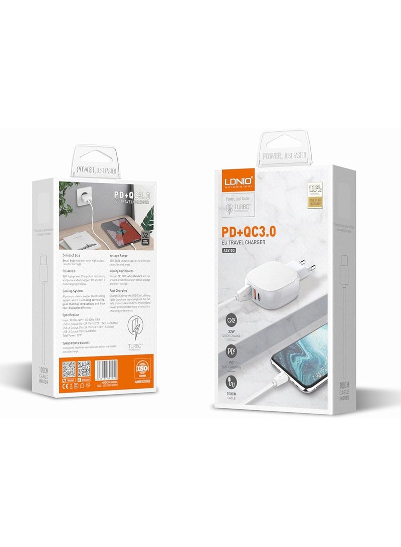 LDNIO LDNIO A3510Q Fast Wall Charger EU Plug Travel With Lightning Cable Dual USB/Type C Ports 32W Iphone - White - Image 1