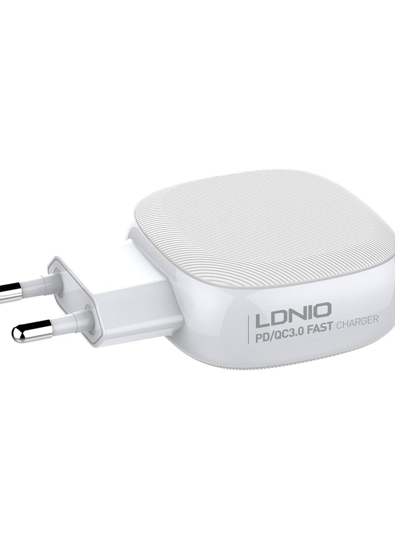 LDNIO LDNIO A3510Q Fast Wall Charger EU Plug Travel With Lightning Cable Dual USB/Type C Ports 32W Iphone - White - Image 5