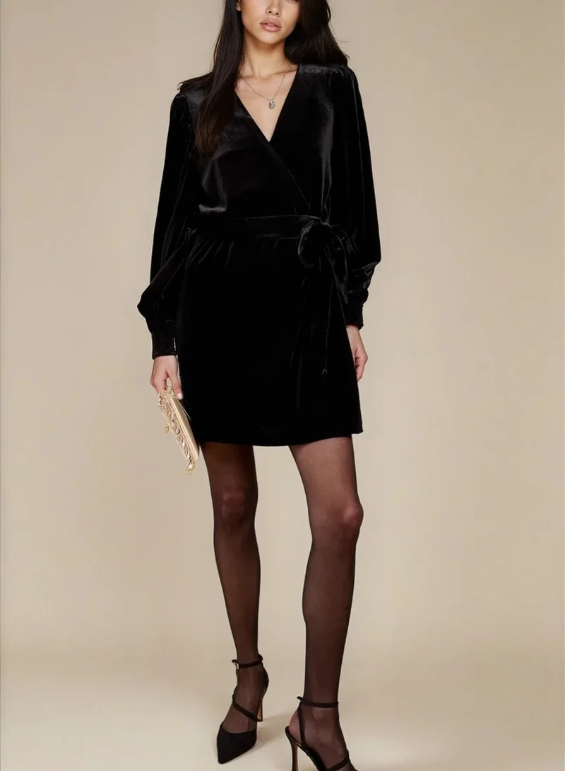 Little Mistress Black Velvet Wrap Mini Dress