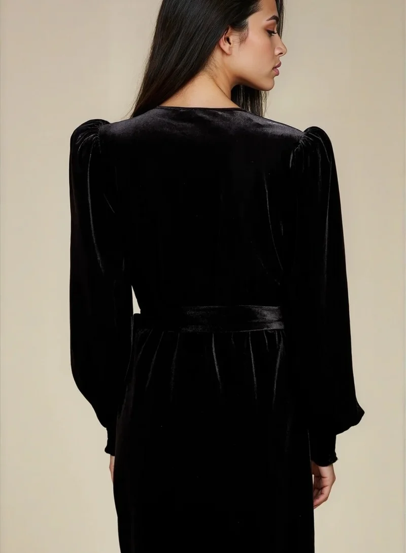 Little Mistress Black Velvet Wrap Mini Dress