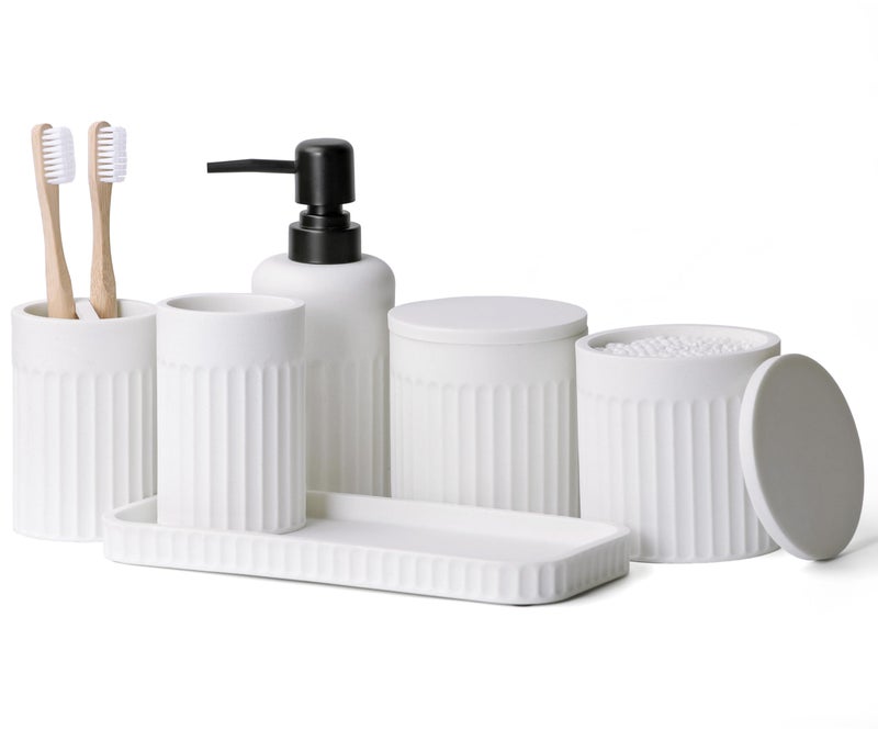INIUNIK Bathroom Accessory Set - 6 Pieces Bathroom Accessories Set Complete with Soap Dispenser, Toothbrush Holders, Tumbler, Vanity Tray and 2 Qtip Holder for Home Organizer and Decor, White - Image 1