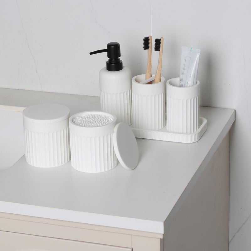 INIUNIK Bathroom Accessory Set - 6 Pieces Bathroom Accessories Set Complete with Soap Dispenser, Toothbrush Holders, Tumbler, Vanity Tray and 2 Qtip Holder for Home Organizer and Decor, White - Image 4