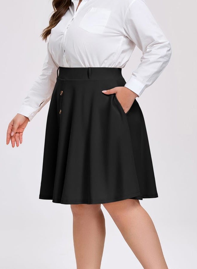 Moon Wood Women Plus Size Midi Skirt Vintage High Waist A-line Casual Skirts with Pockets, Black, XXL Plus - Image 3