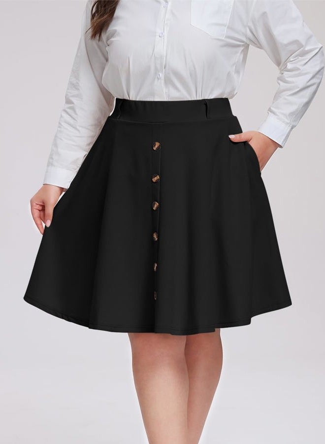 Moon Wood Women Plus Size Midi Skirt Vintage High Waist A-line Casual Skirts with Pockets, Black, XXL Plus - Image 2