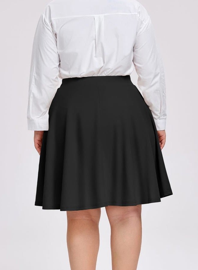 Moon Wood Women Plus Size Midi Skirt Vintage High Waist A-line Casual Skirts with Pockets, Black, XXL Plus - Image 5