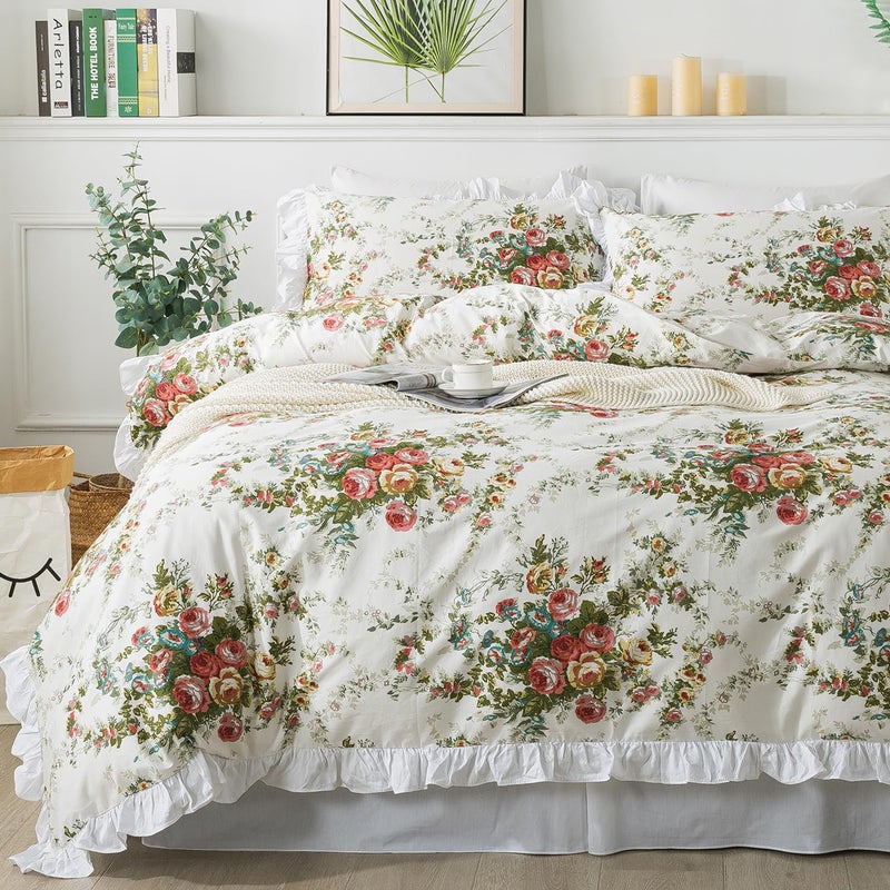 FADFAY Floral Duvet Cover Set KingCal King10296 inches 100 Cotton Ruffle Vintage Rose Comforter Cover Set Red Teal Flower Printed Off White Girls Shabby Bed CoversSoft and Breathable 3Pcs
