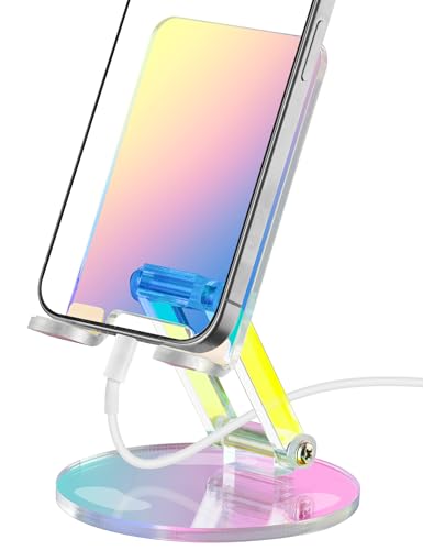 Tomorotec Adjustable Angle Acrylic Cell Phone Stand for Desk Foldable Acrylic Phone Holder Cute for Office Portable NonSlip Desktop Smartphone Holder Fit for iPhone Samsung Galaxy Iridescent - Image 1