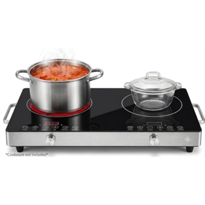 3500W Dual Burner Electric Cooktop, Double Infrared Hot Plate with Independent Knob and Touch Control, Timer, Black Crystal Glass Portable Countertop Stove for All Cookware - Image 1