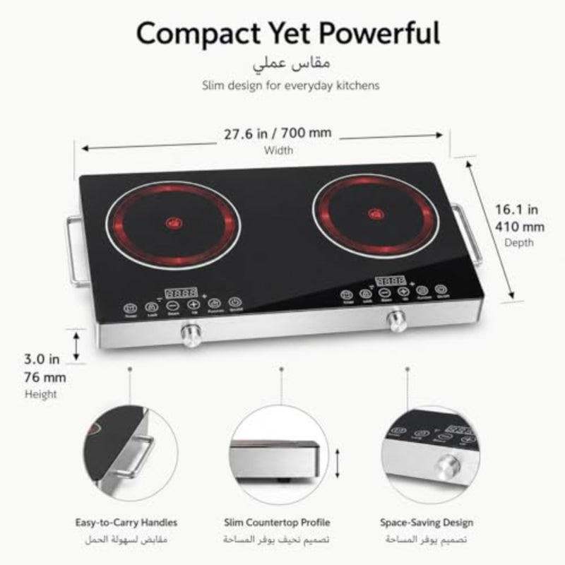 3500W Dual Burner Electric Cooktop, Double Infrared Hot Plate with Independent Knob and Touch Control, Timer, Black Crystal Glass Portable Countertop Stove for All Cookware - Image 3