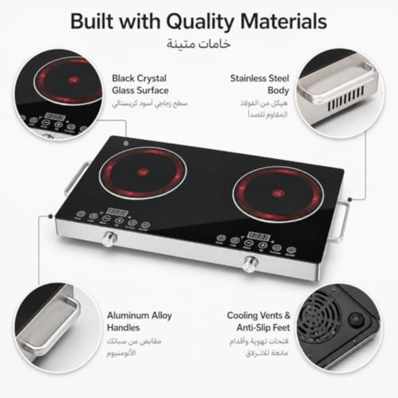 3500W Dual Burner Electric Cooktop, Double Infrared Hot Plate with Independent Knob and Touch Control, Timer, Black Crystal Glass Portable Countertop Stove for All Cookware - Image 5