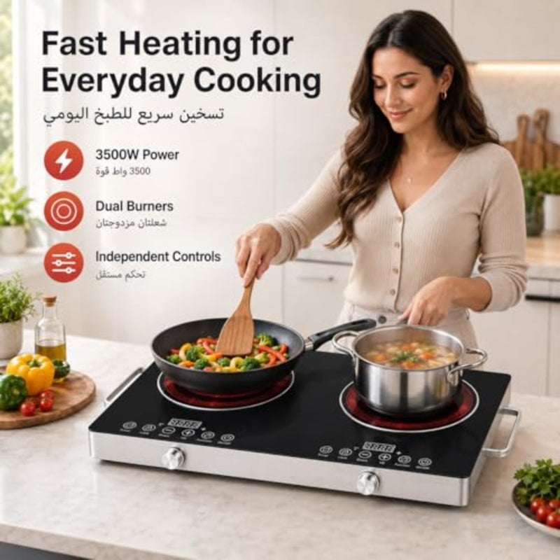 3500W Dual Burner Electric Cooktop, Double Infrared Hot Plate with Independent Knob and Touch Control, Timer, Black Crystal Glass Portable Countertop Stove for All Cookware - Image 4