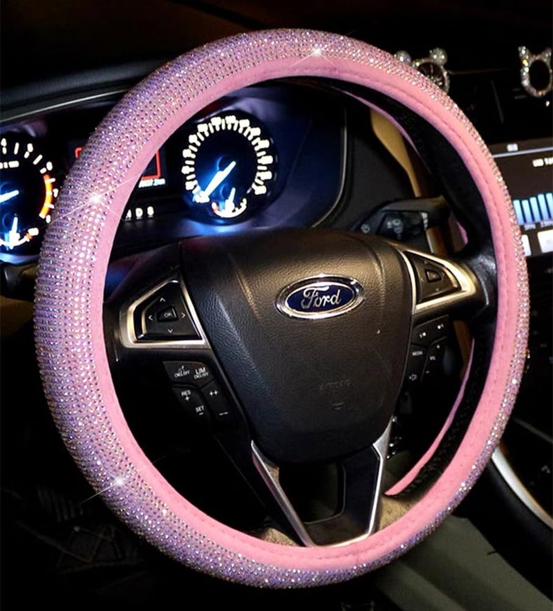 Carwales Car Steering Wheel Cover Pink for Women Girls Cute Bling Accessories 15 Inch Universal Colorful Crystal Rhinestone Diamond Rainbow Anti-Slip Wheel Protector - Image 3