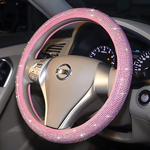 Carwales Car Steering Wheel Cover Pink for Women Girls Cute Bling Accessories 15 Inch Universal Colorful Crystal Rhinestone Diamond Rainbow Anti-Slip Wheel Protector - Image 2