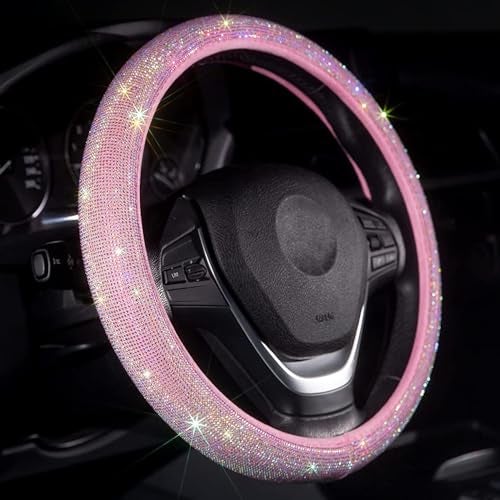 Carwales Car Steering Wheel Cover Pink for Women Girls Cute Bling Accessories 15 Inch Universal Colorful Crystal Rhinestone Diamond Rainbow Anti-Slip Wheel Protector - Image 1