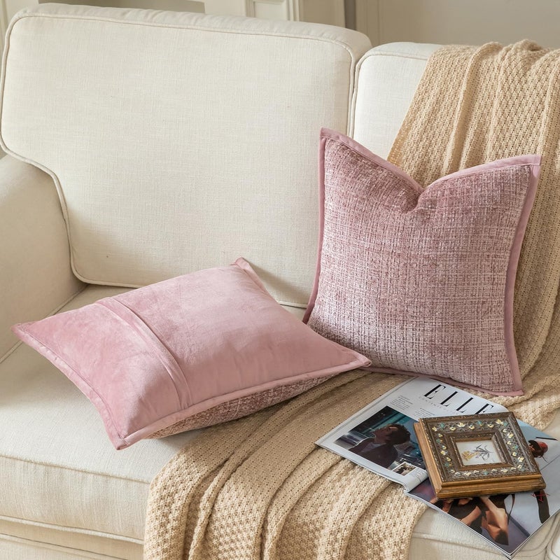 Yaertun Pack of 2 Chenille Textured Decorative Throw Pillow Covers Accent Solid Cushion Cover Soft Cozy Pillow Case with Velvet Back for Couch Sofa Bed Living Room 22x22 Inch Dusty Pink - Image 2