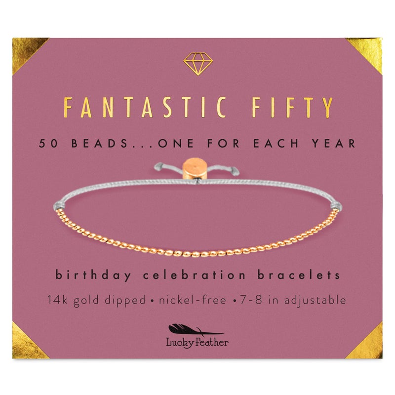 Lucky Feather هدايا عيد الميلاد الخمسين المحظوظة لها | هدايا عيد الميلاد الخمسين للنساء سوار | خرز مغطس بالذهب عيار 14 قيراط، ذهب وردي، أو فضة على حبل قابل للتعديل | هدايا عصرية للنساء في سن الخمسين | مجوهرات ذهب - Image 1