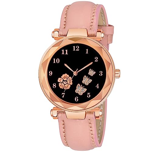 CERO Leather Analogue New Flower Butterfly Print Dial Lathers Strap Girls And Womans Watches (Pink) - Image 1