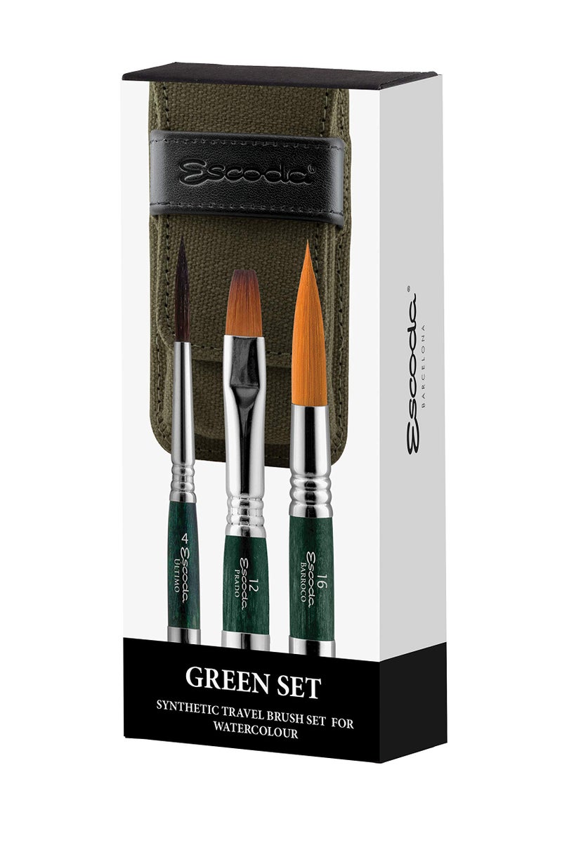 Escoda Escoda Artist Watercolor Travel Brush Set wCanvas Pouch 3 Short Handle Brushes Green 